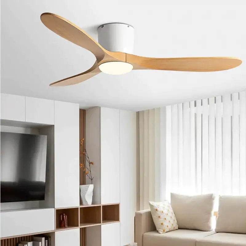 Modern dark wood remote control ceiling fan with three light wooden blades and integrated LED for low floor fan use