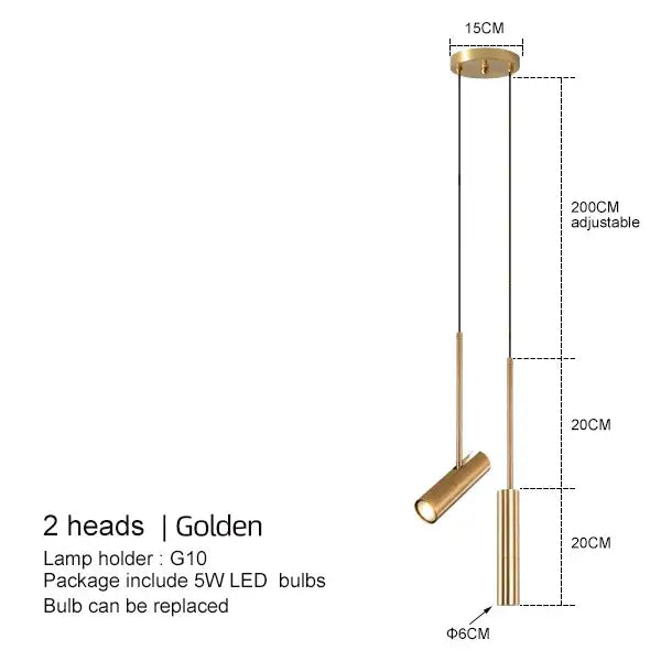 Golden pendant light with two cylindrical lamp heads and adjustable height in decorbites black chandelier design
