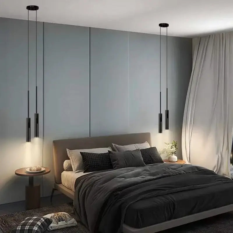 Modern decorbites black chandelier features adjustable matte black cylindrical pendant lights for bedroom lighting