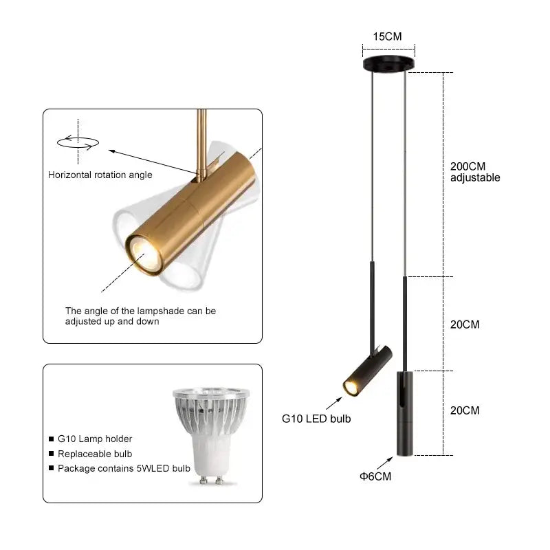 Adjustable gold-finished pendant light with sleek cylindrical lampshade and black hanging rod in decorbites black chandelier design
