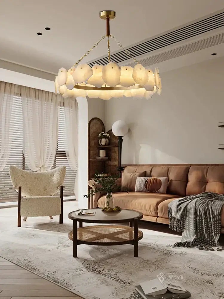 Modern decorbites brass marble ceiling chandelier with gold-toned frame and frosted shell-like glass pendants for dining room light