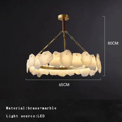 A modern decorbites brass marble ceiling chandelier with translucent white marble petals and a central brass frame