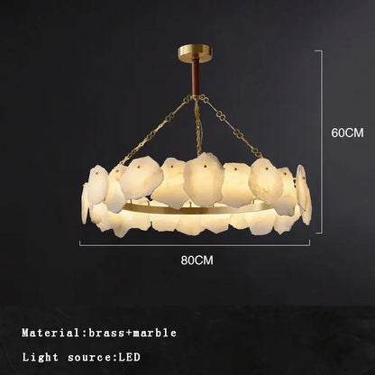 Modern decorbites brass marble ceiling chandelier with white petal-like marble pieces and brass chains for dining room lighting