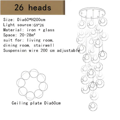 A modern decorbites bubble led chandelier with 26 clear glass orbs on an iron frame for dining room lighting