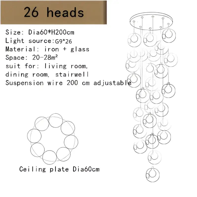 A modern decorbites bubble led chandelier with 26 clear glass orbs on an iron frame for dining room lighting