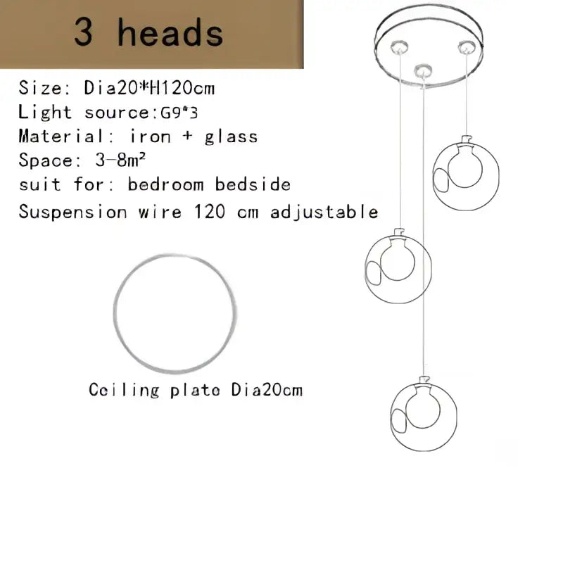 Modern decorbites bubble led chandelier with three iron and clear glass heads and adjustable suspension wires for dining room
