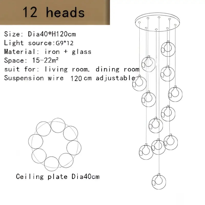 A modern decorbites bubble led chandelier with 12 clear glass orbs and adjustable iron suspension for dining room light