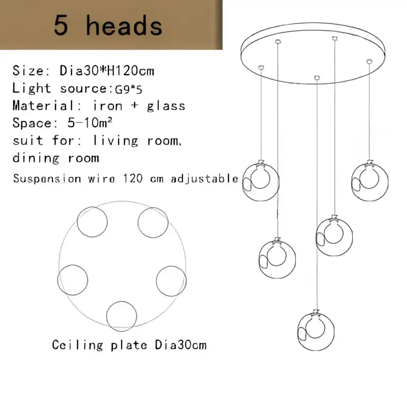 Modern decorbites bubble led chandelier with five clear glass globes and iron ceiling plate for dining room lighting