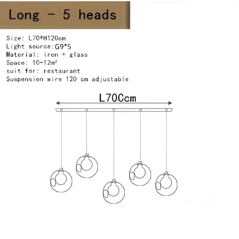Five-head modern decorbites bubble led chandelier with clear glass spheres and iron frame for restaurant lighting