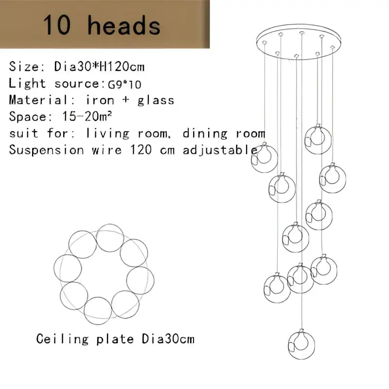 A modern decorbites bubble led chandelier with ten clear glass globes and iron ceiling plate for dining room lighting