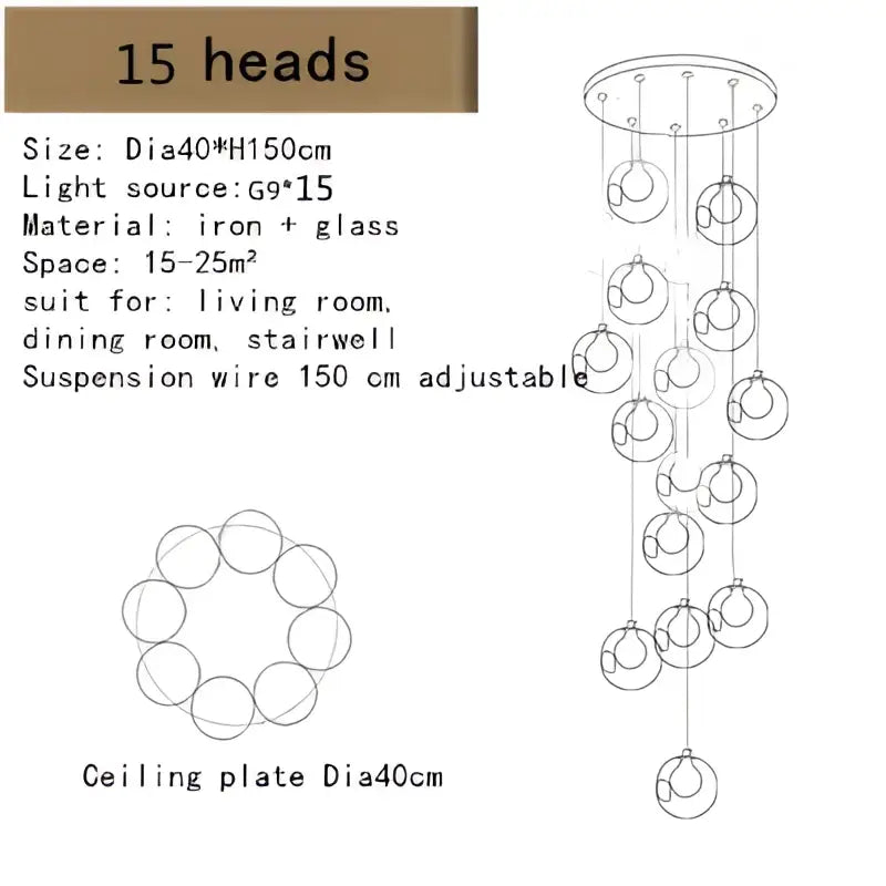 A modern decorbites bubble led chandelier with 15 clear glass orbs and adjustable iron suspension for dining rooms