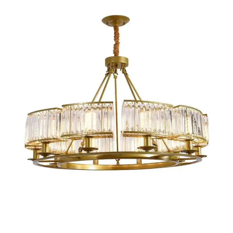 Modern decorbites copper crystal chandelier gold-toned with clear crystal prisms in concentric tiers for dining room lighting