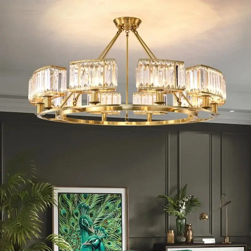 Modern decorbites copper crystal chandelier with gold-toned frame and faceted crystal bars for dining room lighting