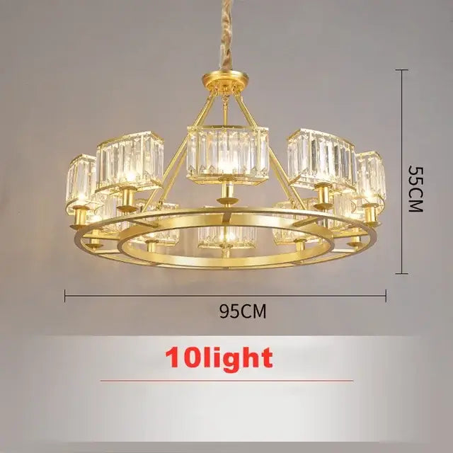 Modern decorbites copper crystal chandelier with gold-toned frame and ten clear rectangular shades for dining room