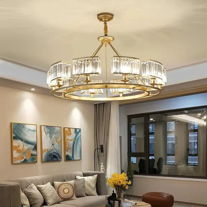 Modern decorbites copper crystal chandelier with gold-toned frame and crystal-encased lights for dining room decor
