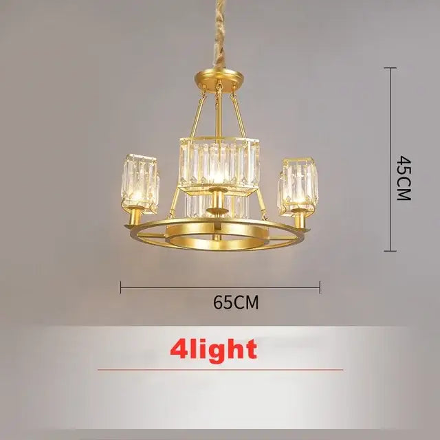 Modern decorbites copper crystal chandelier with four crystal glass shades and gold-toned circular ring base for dining room