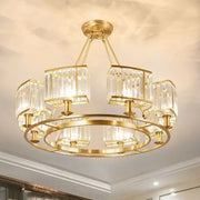 Modern decorbites copper crystal chandelier with gold-toned frame and clear prisms for dining room lighting