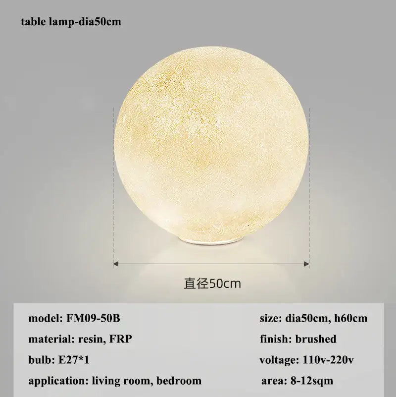 Modern decorbites cream moon pendant chandelier with a round textured resin table lamp and 50cm diameter cream moon led