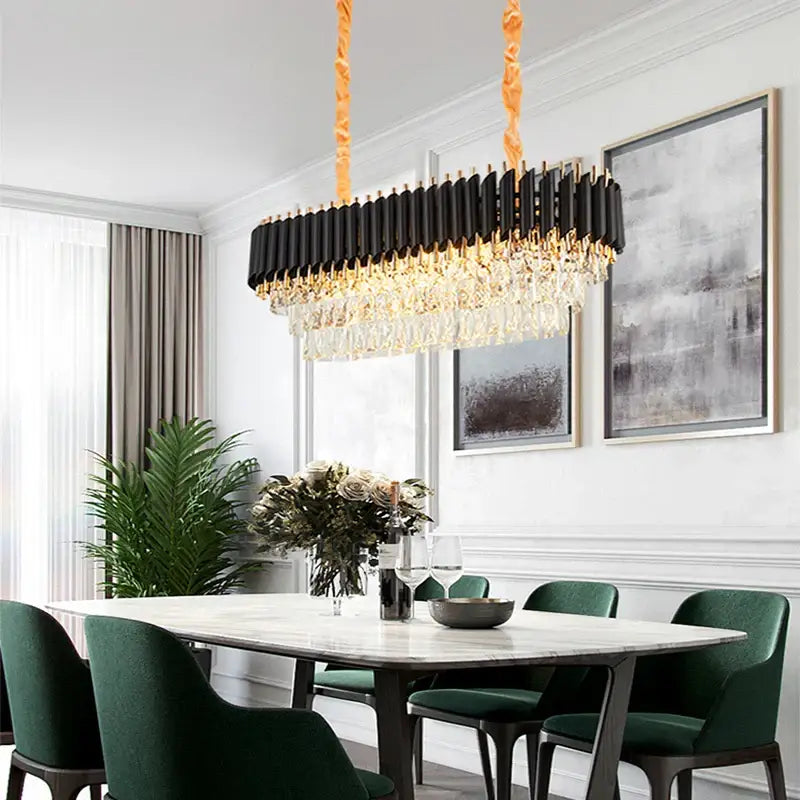 Modern decorbites crystal black clear led chandelier with black and gold rectangular frame and orange braided cords for staircase