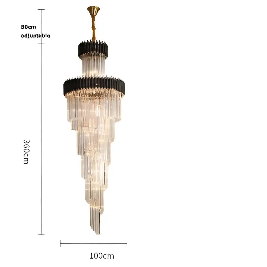 Modern decorbites crystal black clear led chandelier with cascading glass prisms and black accents for staircase lighting