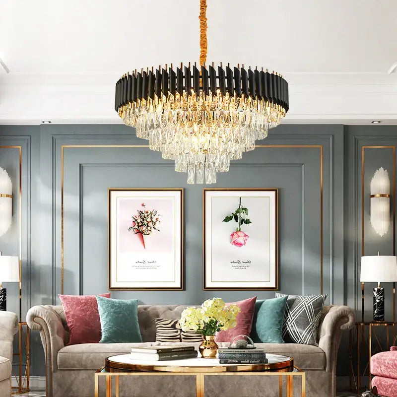 Modern decorbites crystal black clear led chandelier with cascading crystal droplets for staircase lighting