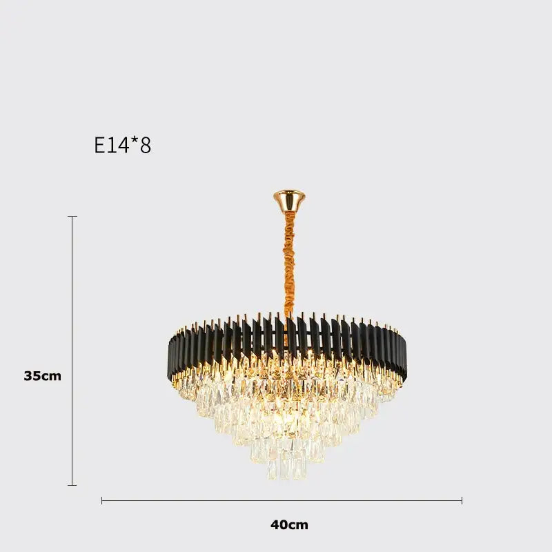 A modern decorbites crystal black clear led chandelier with black and gold frame and cascading crystal droplets for staircase