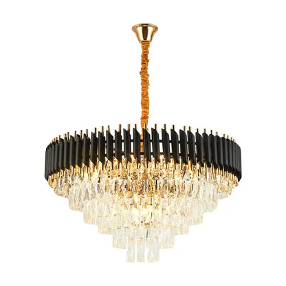 Modern decorbites crystal black clear led chandelier with gold fixture black matte bars and cascading crystal prisms for staircase