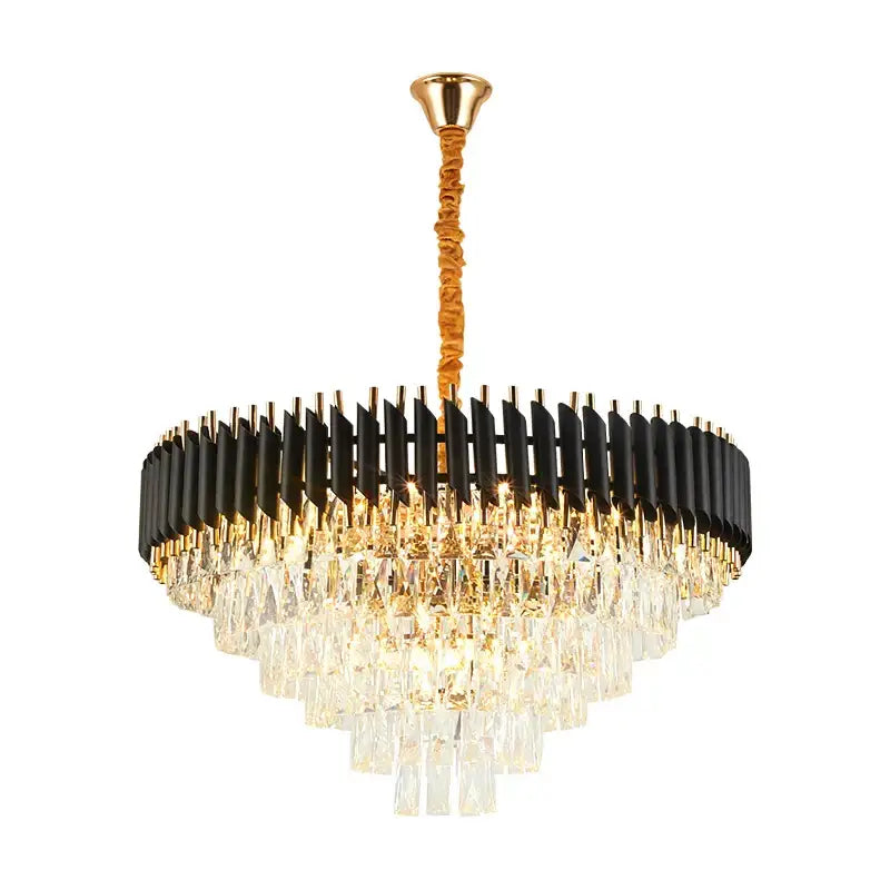 Modern decorbites crystal black clear led chandelier with gold fixture black matte bars and cascading crystal prisms for staircase
