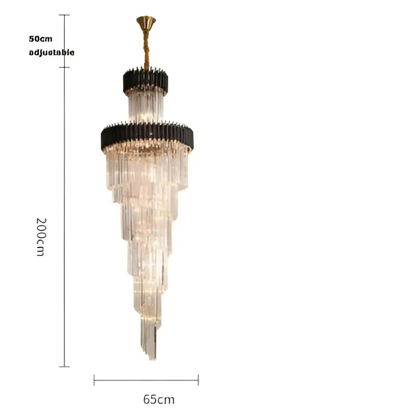 Modern decorbites crystal black clear led chandelier with gold tone top and cascading crystal prisms for staircase
