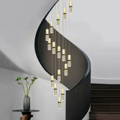 Modern spiral staircase with sleek black metal railings paired with decorbites crystal columnar chandelier for stairway glass light