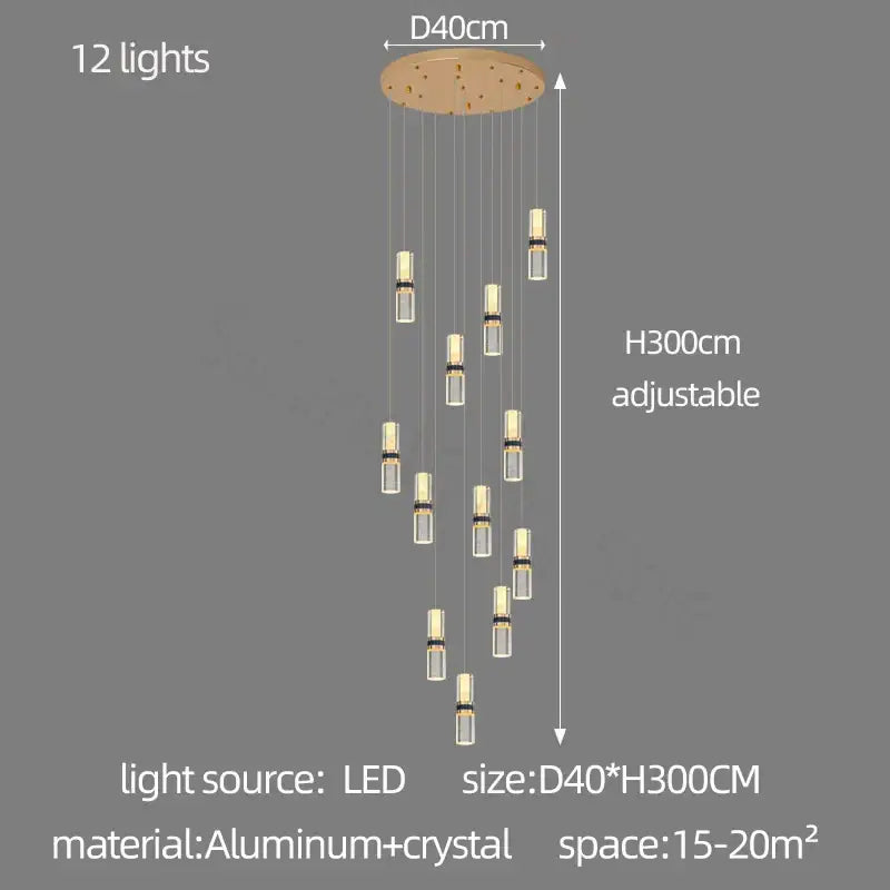 Modern decorbites crystal columnar chandelier with 12 led lights, aluminum mount, and clear glass pendants for stairway lighting