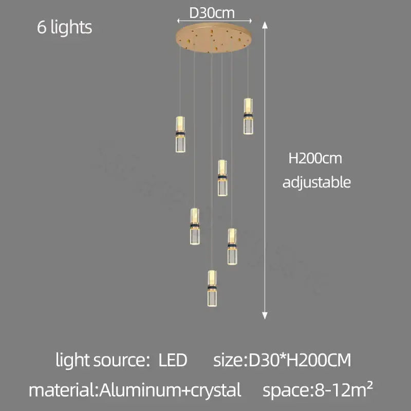 A modern decorbites crystal columnar chandelier with six crystal-encased lights and adjustable aluminum base for stairways