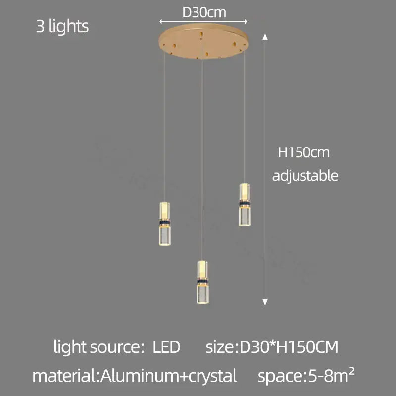 Modern decorbites crystal columnar chandelier with three cylindrical led bulbs and clear crystal accents for stairway lighting