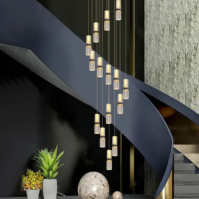 Modern decorbites crystal columnar chandelier with cylindrical glass and metallic accents for stairway lighting