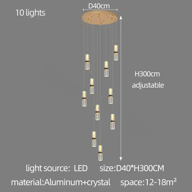 Modern decorbites crystal columnar chandelier with ten LED lights and aluminum mount for stairway glass light use