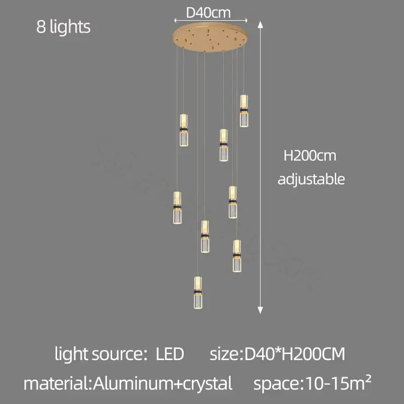 Modern decorbites crystal columnar chandelier with eight led lights, clear crystal pendants, and aluminum ceiling mount