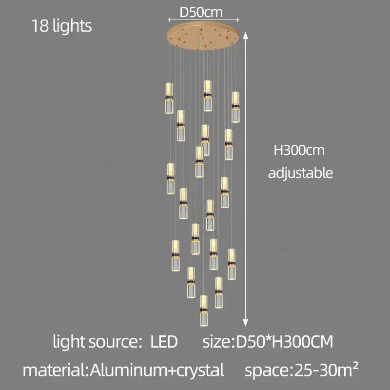 Modern decorbites crystal columnar chandelier with 18 clear crystal led lights gold accents for stairway lighting