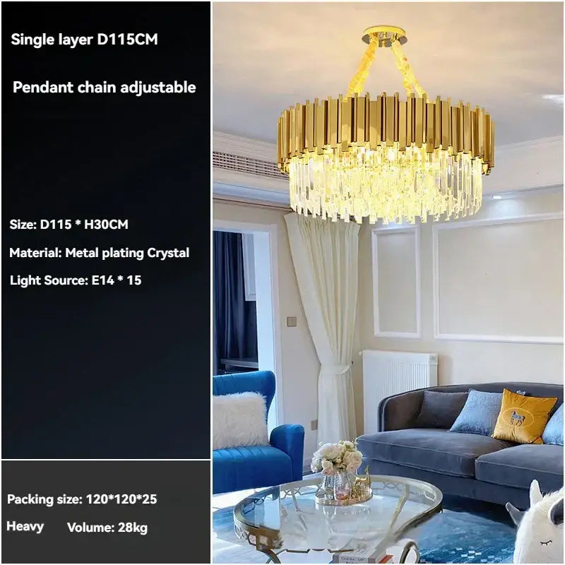 Modern decorbites crystal gold chandelier with vertical metal bars and cascading crystal droplets for living room ceiling