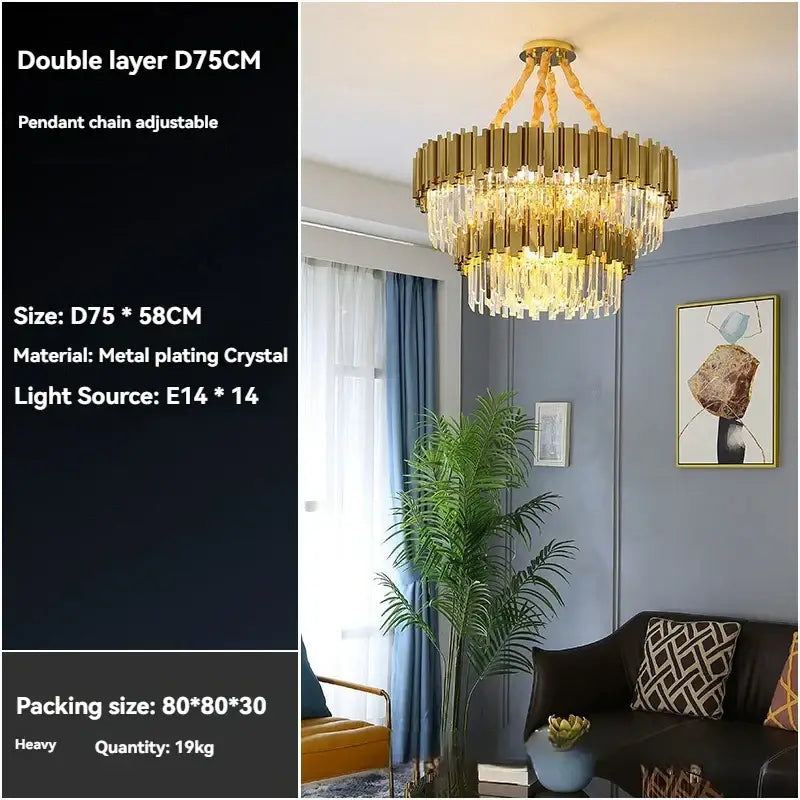 Modern decorbites crystal gold chandelier with gold-toned double layers and adjustable pendant chains for living room ceiling