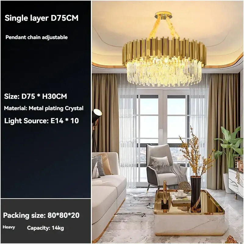 Modern decorbites crystal gold chandelier featuring a gold-plated crystal circular design with hanging pendant chain for living room ceiling