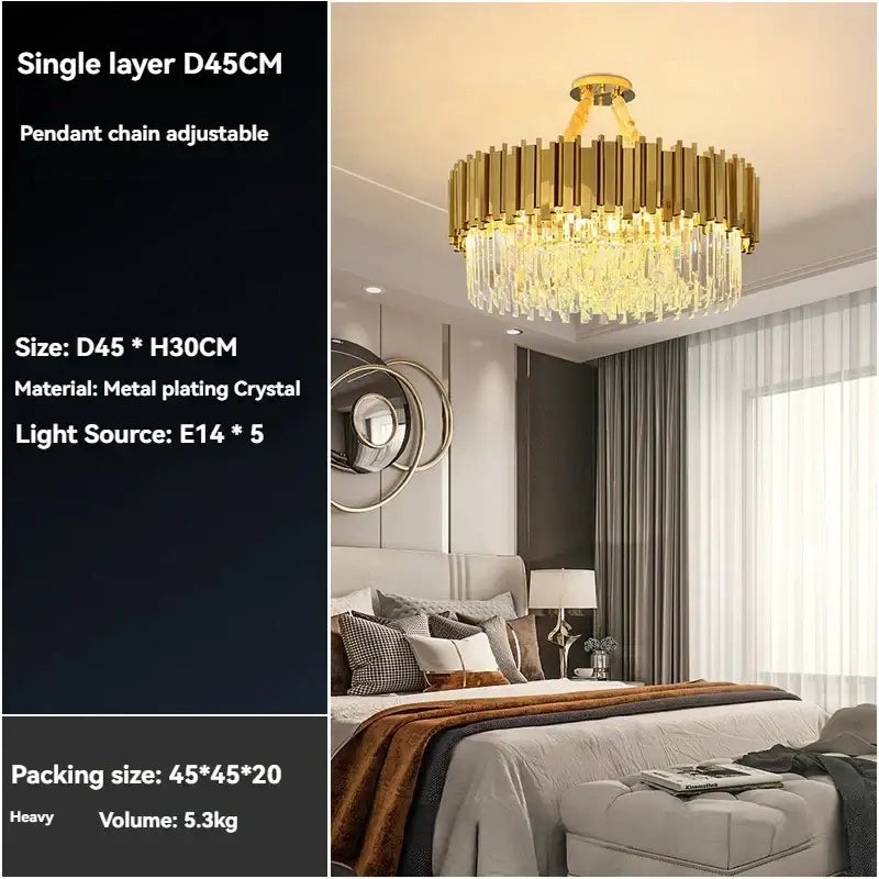 Modern decorbites crystal gold chandelier with gold-plated frame and cascading crystal strands for living room ceiling