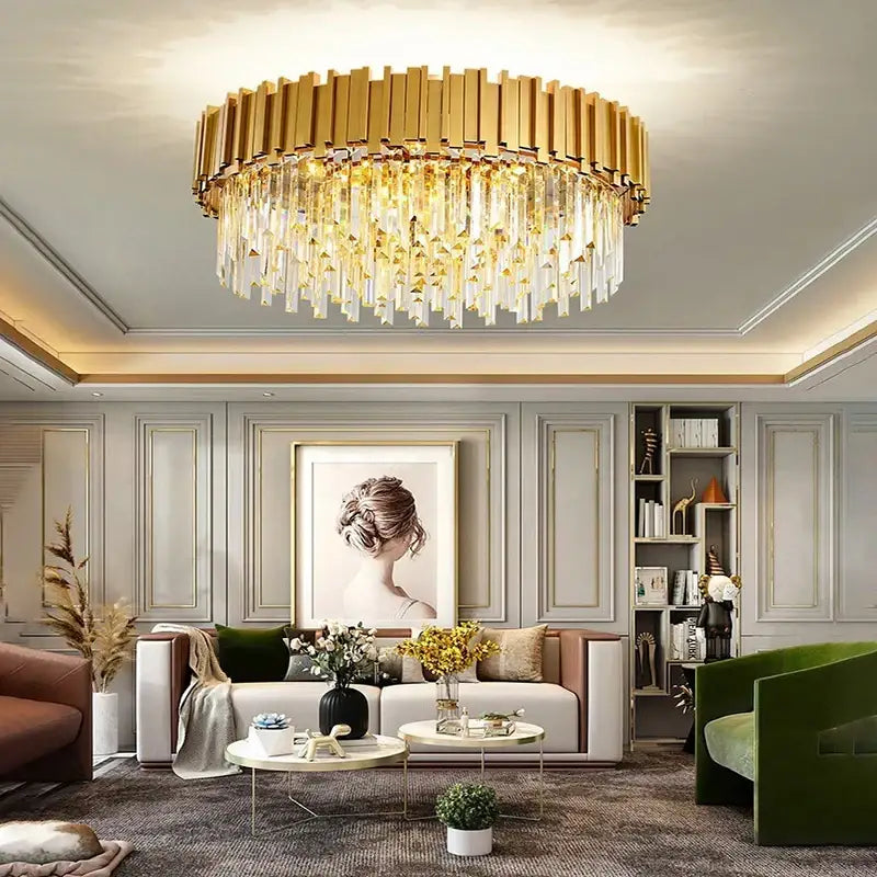 Modern decorbites crystal gold chandelier with vertical crystal prisms and cascading glass droplets for living room ceiling