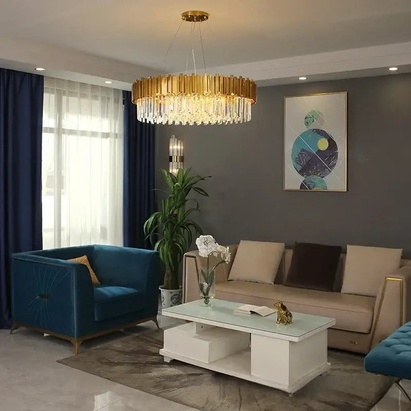 Modern decorbites crystal gold chandelier with vertical crystal rods and hanging faceted crystals for living room ceiling