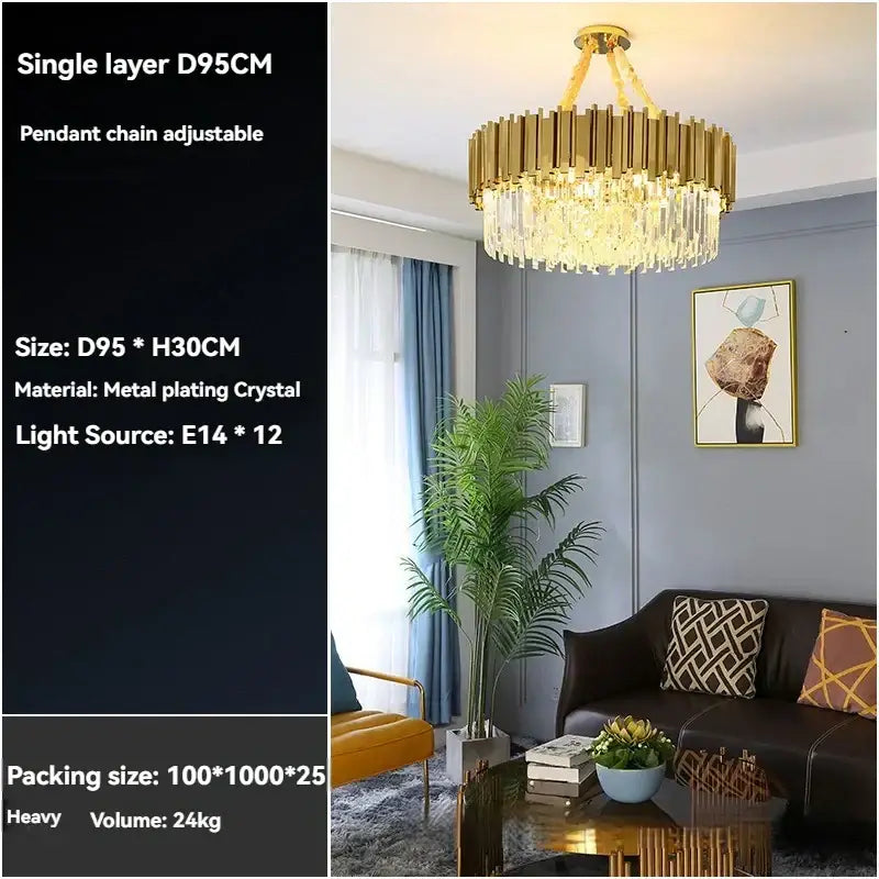 Modern decorbites crystal gold chandelier with circular gold metal frame and cascading crystal droplets for living room ceiling