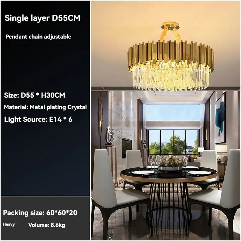 Modern decorbites crystal gold chandelier with gold-plated circular design and hanging crystal droplets for living room ceiling