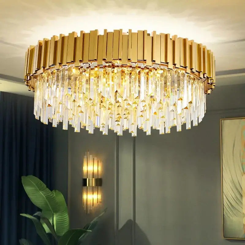 Modern decorbites crystal gold chandelier with cascading crystal prisms for living room ceiling lighting