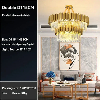 Modern decorbites crystal gold chandelier featuring a tiered gold-plated metal and crystal design for living room ceiling