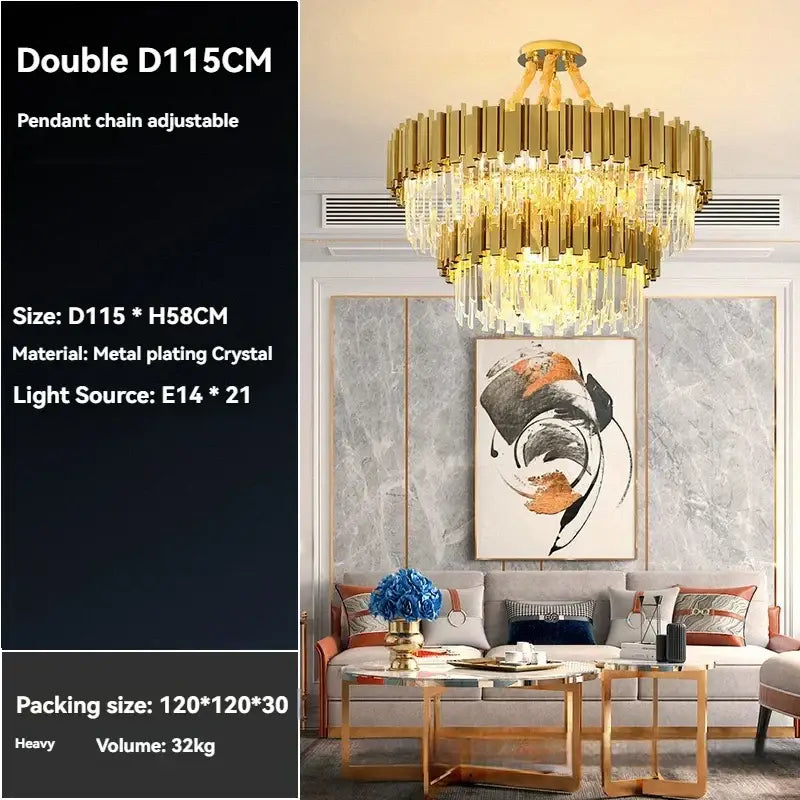 Modern decorbites crystal gold chandelier featuring a tiered gold-plated metal and crystal design for living room ceiling