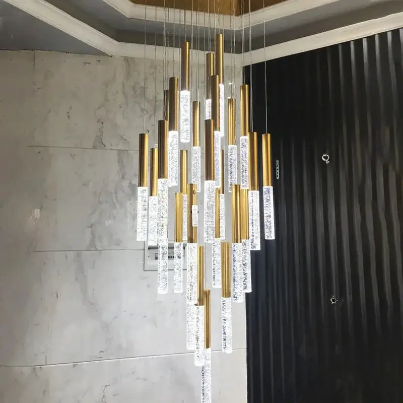 Modern decorbites crystal gold chandelier with cascading clear crystal glass rods for elegant living room lighting