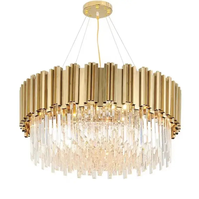 Modern decorbites crystal gold chandelier with vertical brass bars and cascading clear crystal prisms for living room lighting